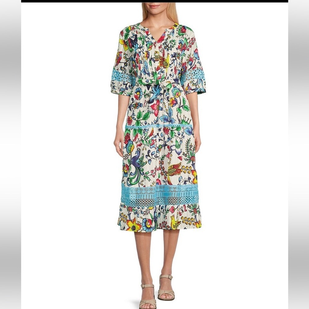 John Mark XS‎ Tiered Dress Oversized Short Sleeve Bird Print Floral